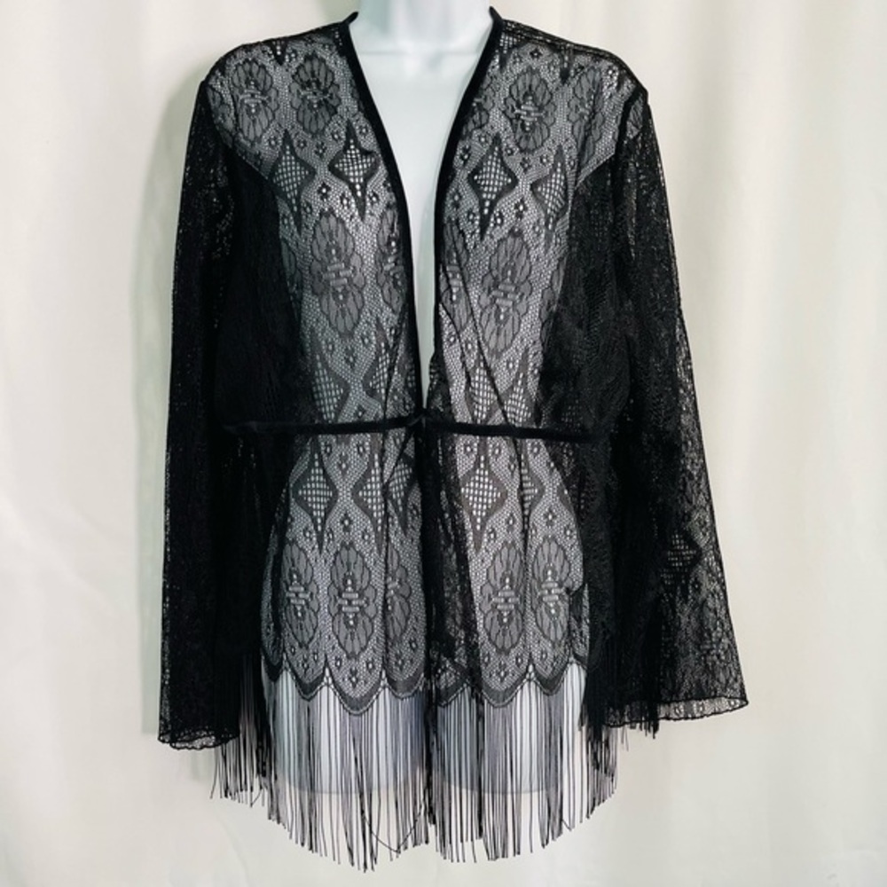 NWT Lane Bryant • Open Lace Black Fringe Kimono